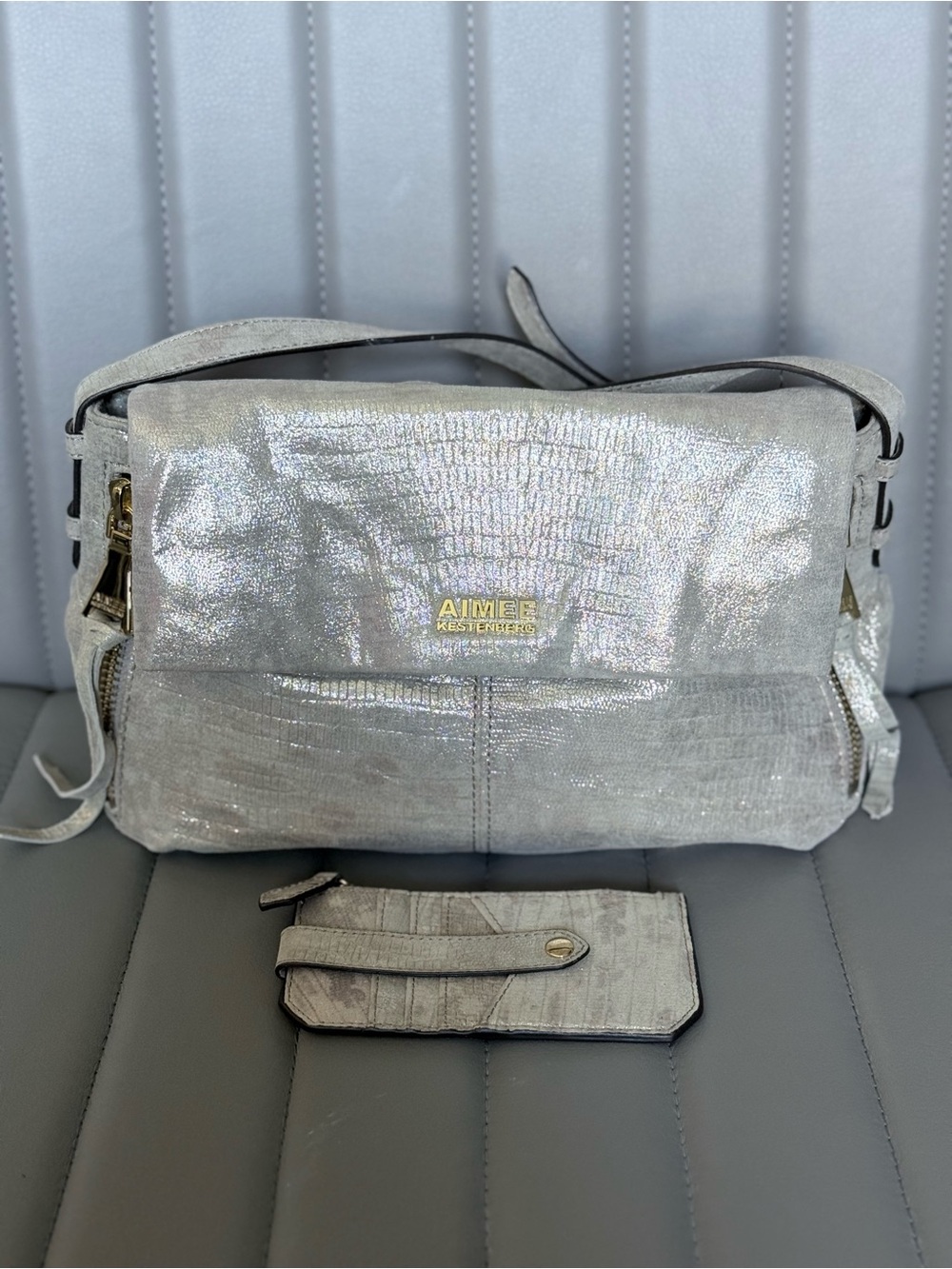 Aimee Kestenberg Silver Gold Metallic Iridescent Leather Bag w/ matching wallet